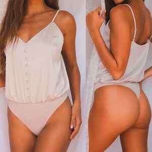 Lulus Womens M That Song Satin Bodysuit Cami Top Champagne Beige Thong Buttons